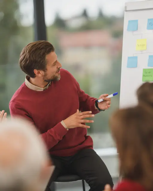 A man confidently presenting ideas to a small group